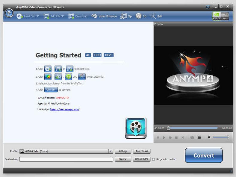 Główne okno programu do konwersji filmów - AnyMP4 Video Converter Ultimate