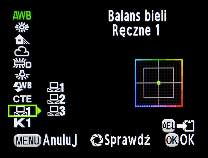 Ikona (taka jak widoczna powyżej) umożliwia ustawienia własnego balansu bieli. Wystarczy dysponować białą lub szarą powierzchnią i wykonać zaproponowane przez aparat kroki.