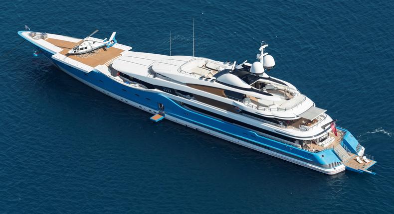 An aerial view of the Madame Gu superyacht in Sardinia, Italy.