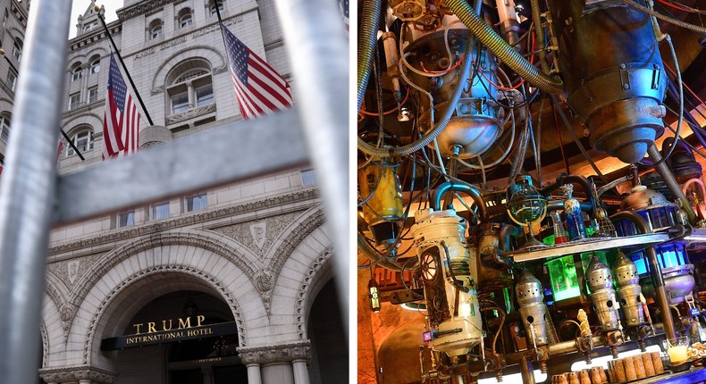 The Trump International Washington in June 2012 (left) and Oga's Cantina at the Black Spire Outpost at the Star Wars: Galaxy's Edge Walt Disney World Resort in Orlando.