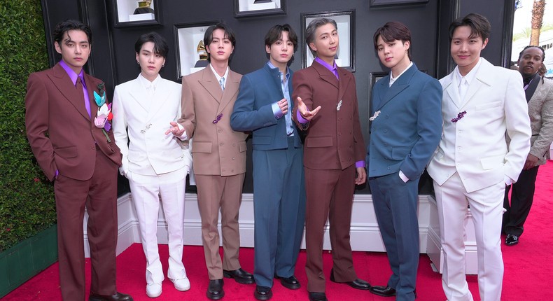 BTS members V, Suga, Jin, Jungkook, RM, Jimin and J-Hope   attend the 64th Annual Grammy Awards in Las Vegas, Nevada, on April 3, 2022.