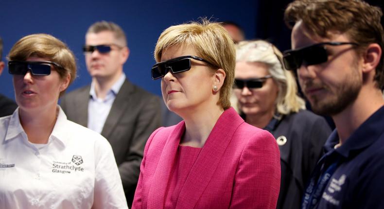 Scottish First Minister Nicola Sturgeon looking at a 3D simulator during a visit to the Advanced Forming Research Centre in Renfrew, Britain, on Monday.