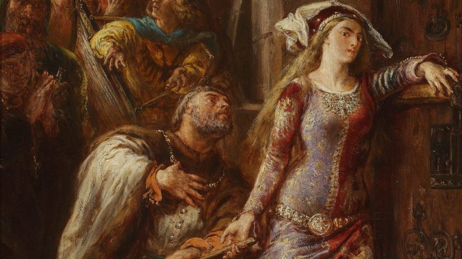Królowa Jadwiga z siekierą w dłoni przymierza się do rozbicia bramy Wawelu Fragment obrazu Jana Matejki.