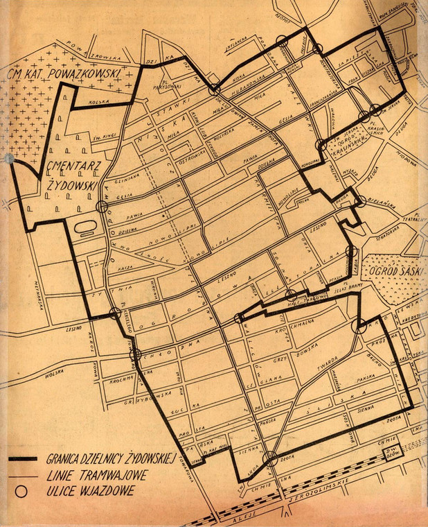 Mapa getta warszawskiego po jego utworzeniu, październik 1940 r.