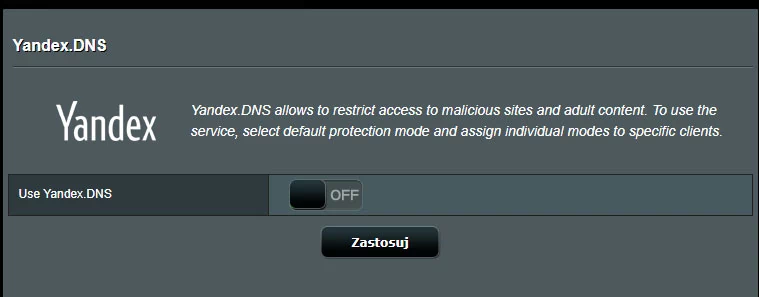 Możemy również aktywować funkcję Yandex.DNS, która blokuje dostęp do podej-rzanych stron oraz treści tylko dla dorosłych