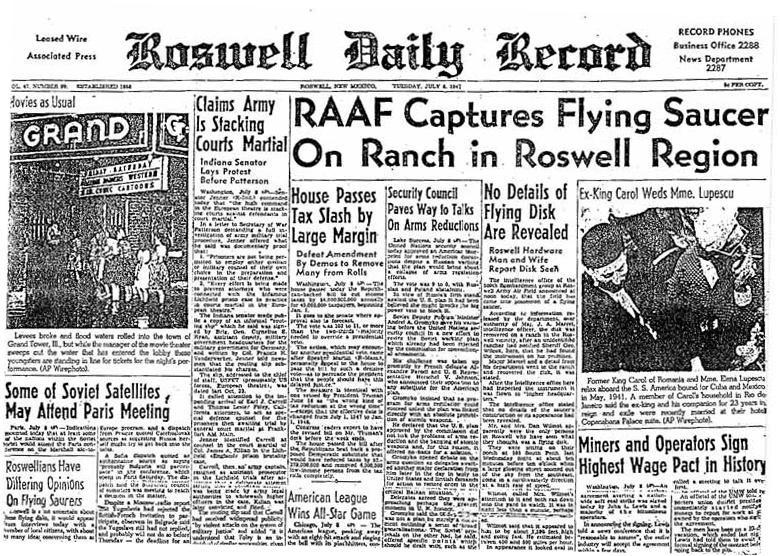 Pierwsza strona Roswell Daily Record z 8 lipca 1947 r.