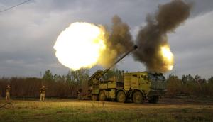 Gunners from 43rd Separate Mechanized Brigade of the Armed Forces of Ukraine fire at Russian position with a 155mm self-propelled howitzer 2C22 Bohdana in the Kharkiv region on April 21, 2024.Photo by ANATOLII STEPANOV/AFP via Getty Images