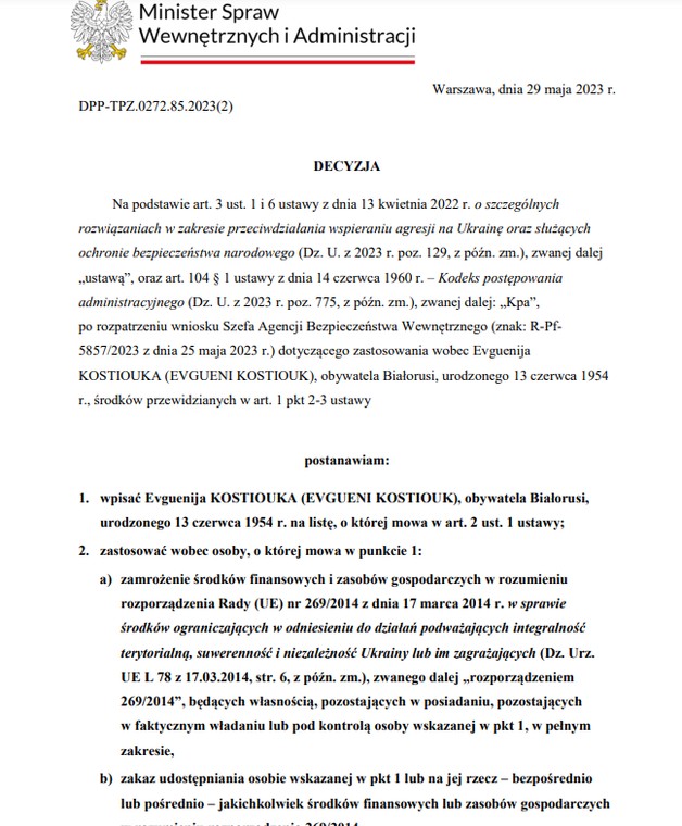 Decyzja polskiego MSZ o wpisaniu firmy z Siedlec na listę podmiotów objętych sankcjami.