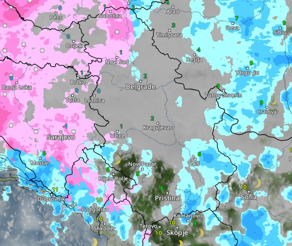 Kretanje kiše i snega u Srbiji u subotu u 22 časa