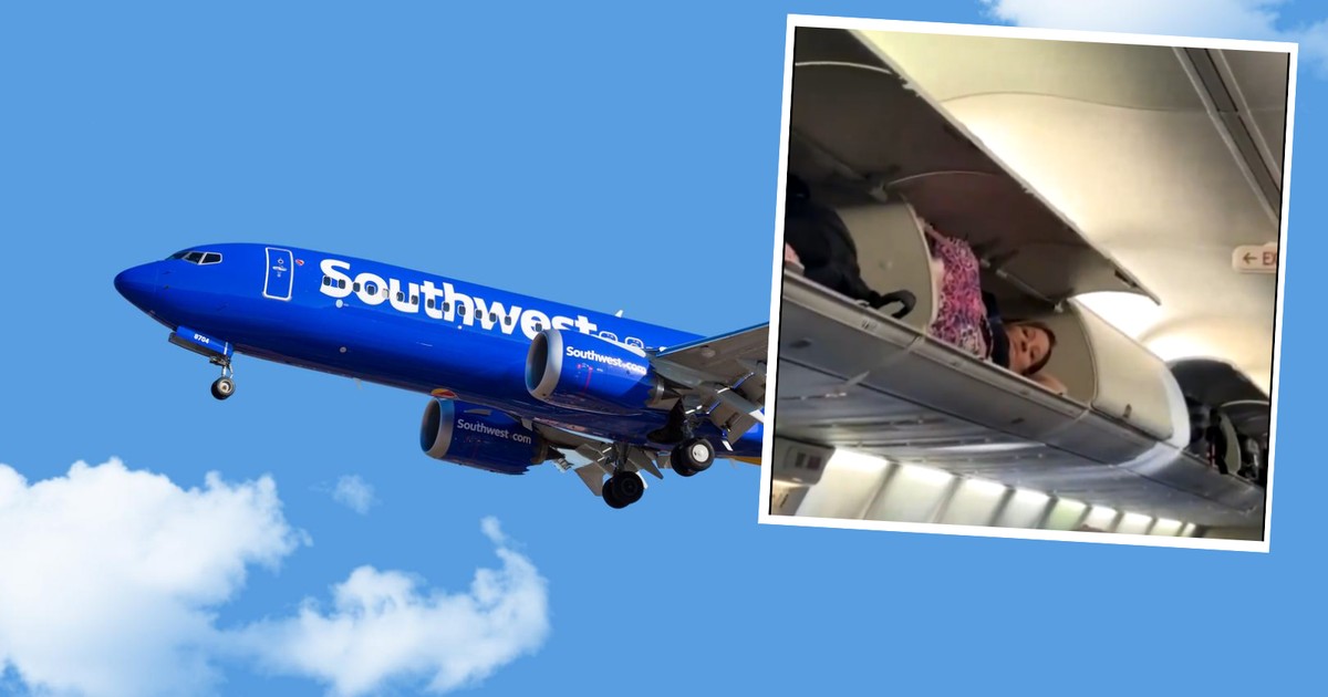 飛行機の乗客が頭上の荷物棚で昼寝をした