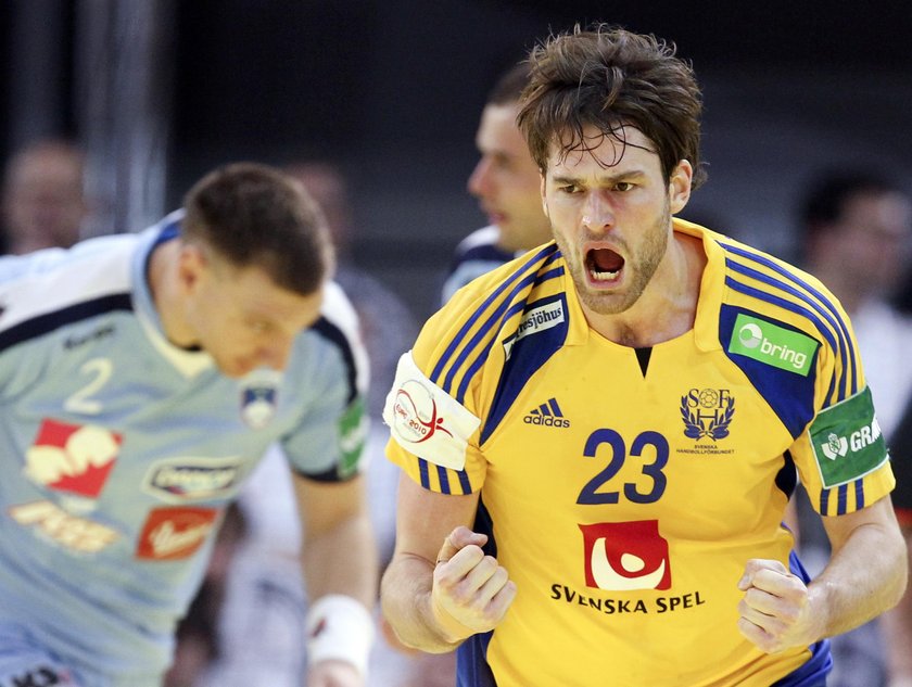 Sweden's Larsson celebrates his goal during the Men's European Handball Championship main round matc