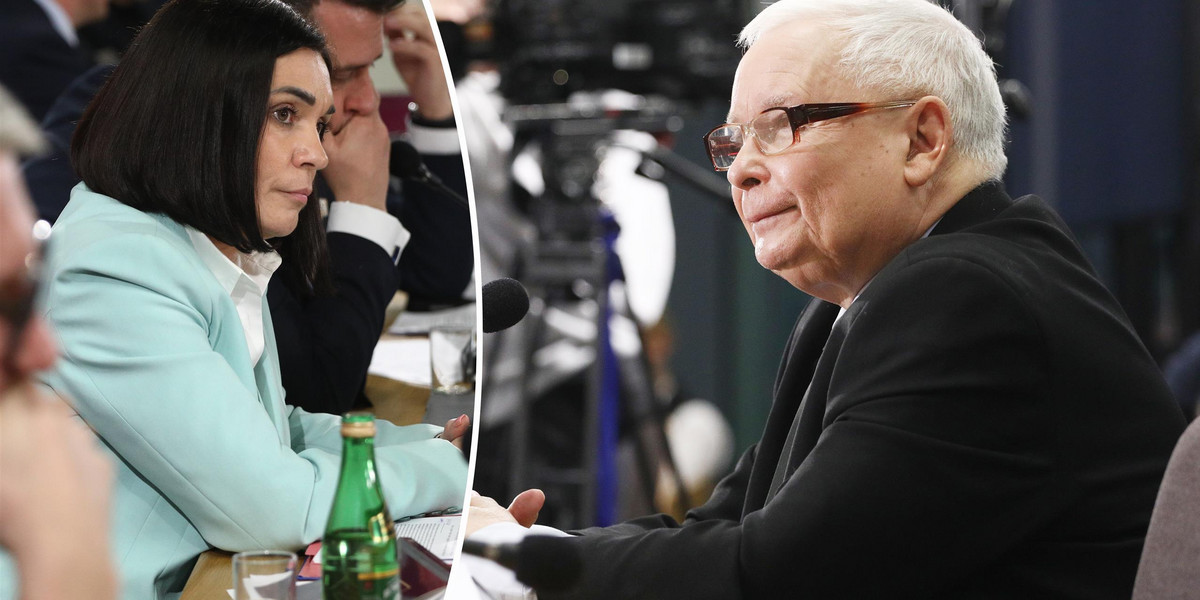 Magdalena Sroka i Jarosław Kaczyński na posiedzeniu komisji ds. Pegasusa.