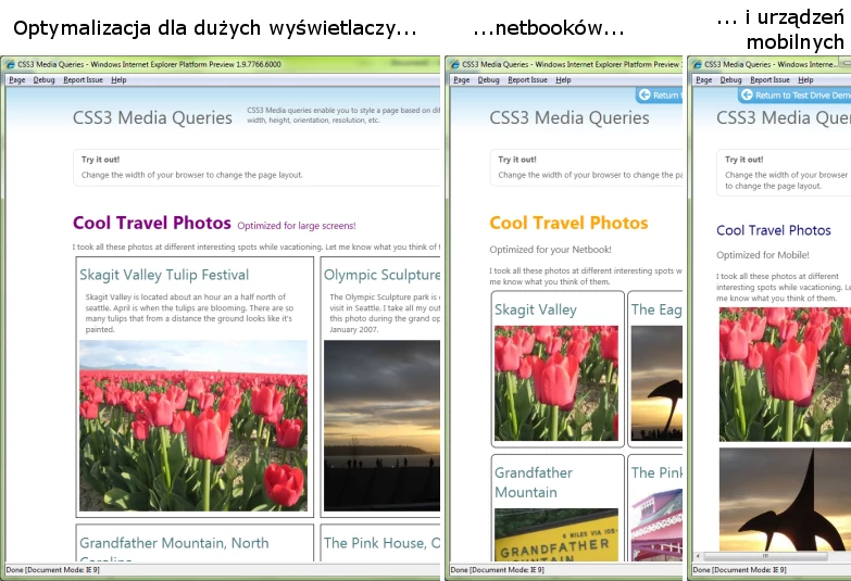 Witryna korzystająca z Media Queries, czyli jednego z modułów CSS3, może wyglądać inaczej w różnych urządzeniach i tym samym lepiej dopasowywać się do wielkości ekranu. Działanie tej techniki można przetestować na tej stronie
