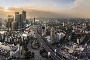 Aerial sunset over Canary Wharf