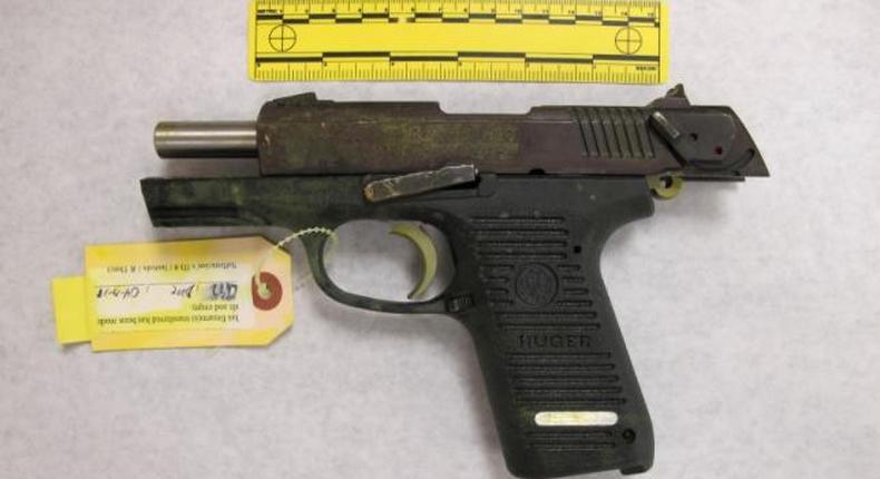 A photo entered as evidence shows a Ruger semi-automatic handgun in the trial of Boston Marathon bombing suspect Dzhokhar Tsarnaev in this handout photo provided by the U.S. Attorney's Office in Boston, Massachusetts on March 17, 2015.