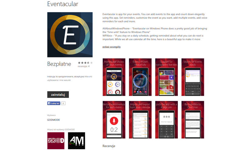 <b>Eventacular</b>
<br><br>
Aplikacja przypomni nam o wszystkich zaplanowanych wydarzeniach. Nawet tych najbardziej odległych. Do przypomnień możemy dołączyć również notatki głosowe. Spośród wielu podobnych aplikacji Eventacular wyróżnia się intuicyjnością i świetnym designem.