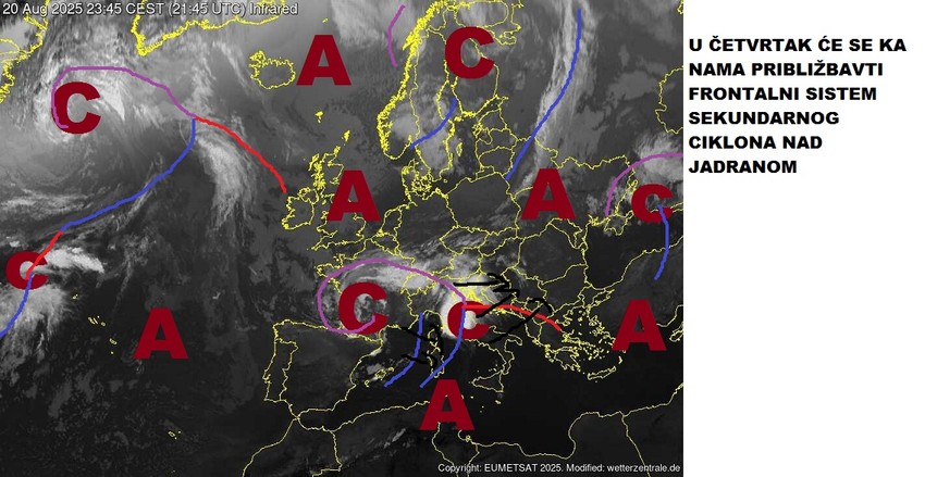 Mapa približavanja frontalnog sistema sekundarnog ciklona nad jJdranom