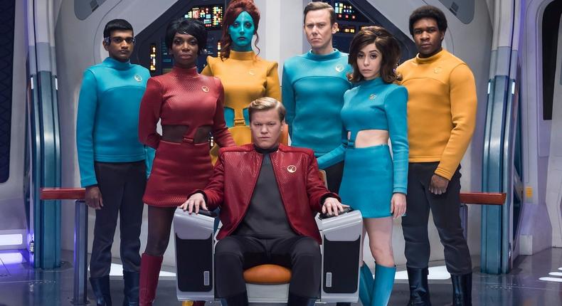 (L-R) Paul G. Raymond, Michaela Coel, Milanka Brooks, Jesse Plemons, Jimmi Simpson, Cristin Milloti, and Osy Ikhile in Black Mirror season four, episode USS Callister.Jonathan Prime / Netflix