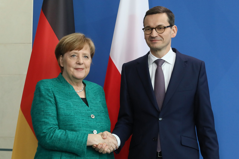 Premier RP Mateusz Morawiecki i kanclerz Niemiec Angela Merkel podczas konferencji prasowej w Berlinie.