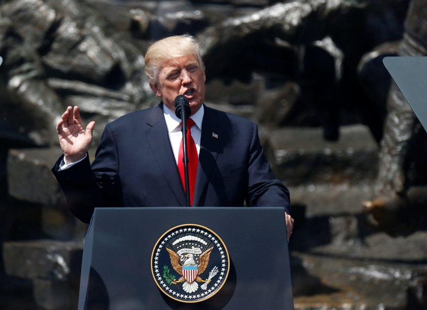 U.S. President Donald Trump gives a public speech in front of the Warsaw Uprising Monument at Krasin