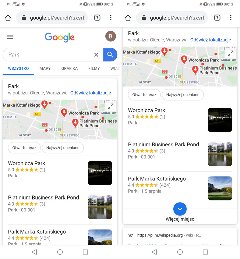 Na smartfonie: wyszukanie parku w Google