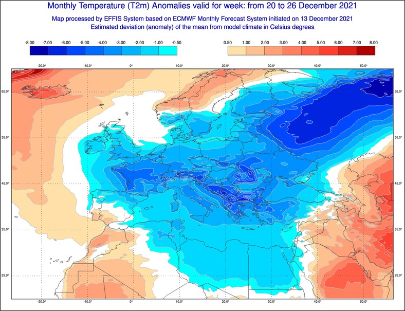 Prognoza odchylenia temperatury od średniej na tydzień 20-26.12.2021