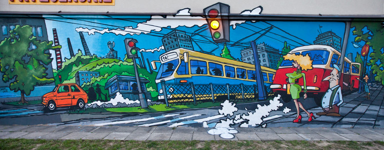 Mural - "1977" - na osiedlu Handlowym, stworzony przez Łukasza Lendę. 