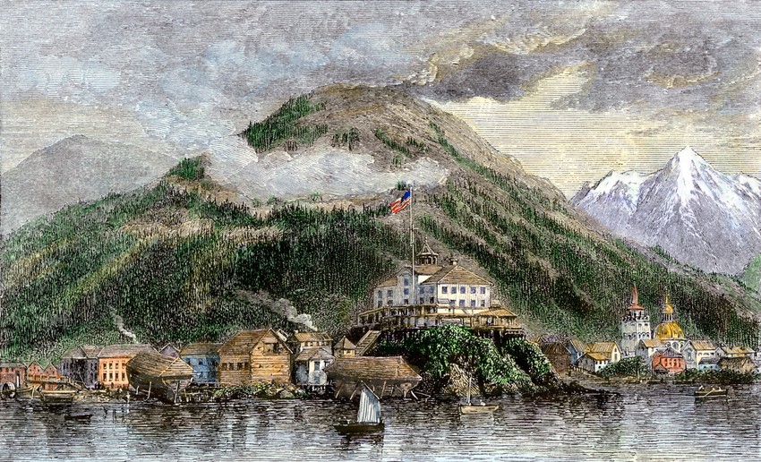 Sitka ili Novoarhangeljsk, bivša prestonica Aljaske 1869. nakon što je kupljena od Rusije na ilustraciji iz 19. veka