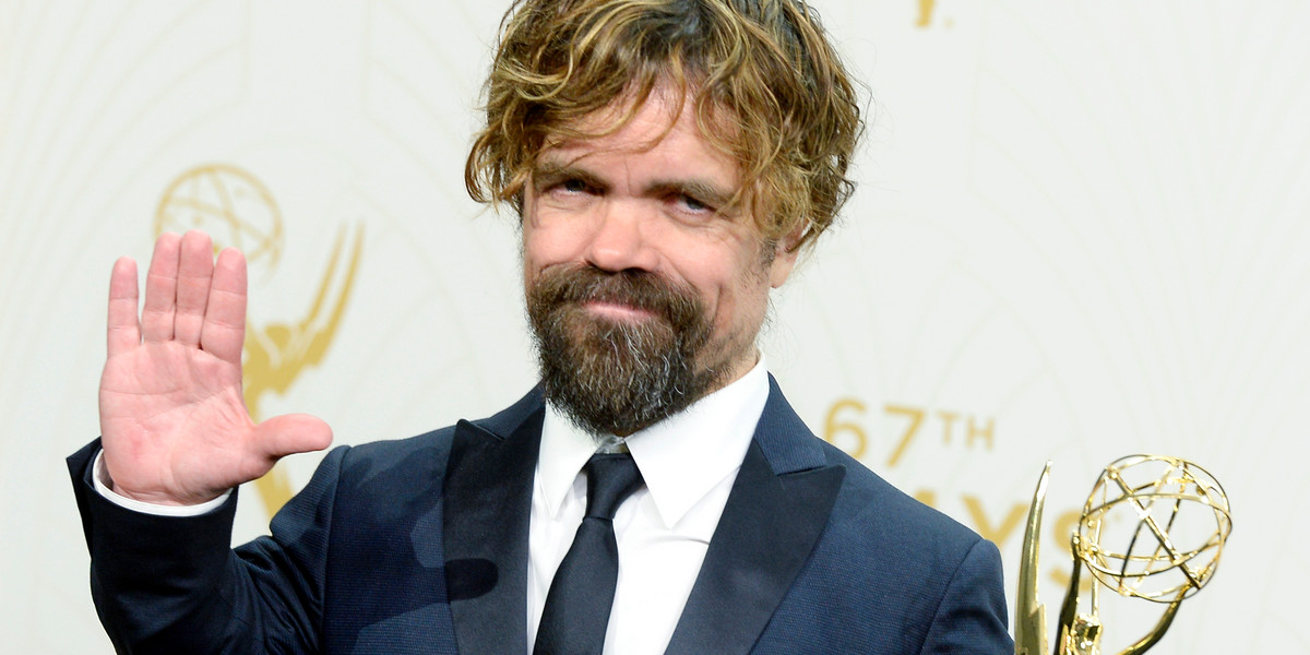 Peter Dinklage, who plays Tyrion Lannister on "Game of Thrones," with his Emmy award.