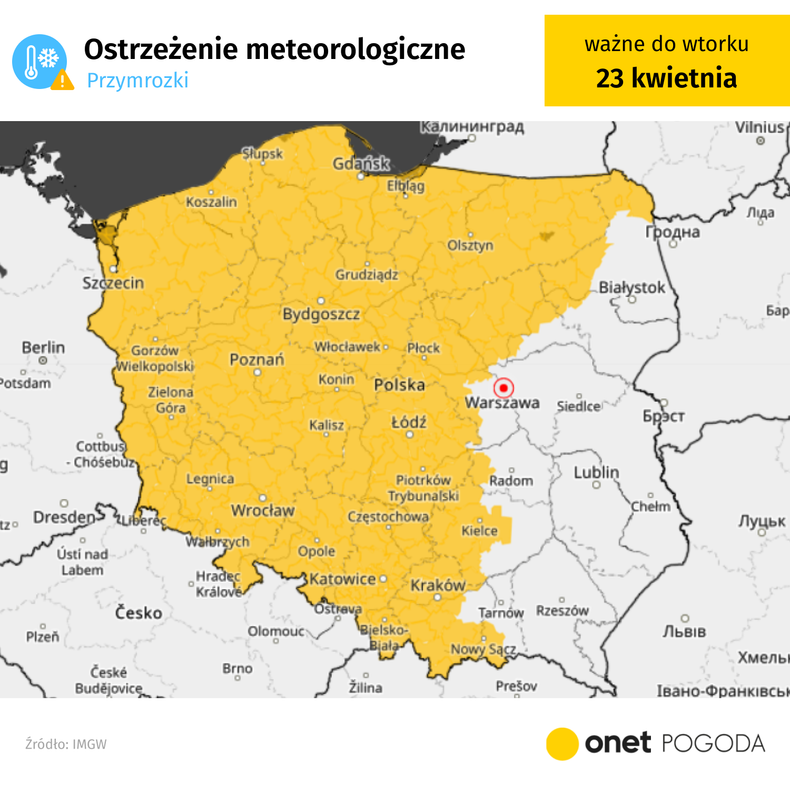 Ostrzeżenia przed przymrozkami obowiązują w większości kraju, poza wschodnią Polską, ale mogą zostać rozszerzone