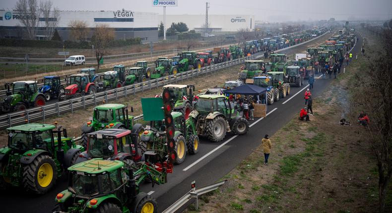 Tractors block a highway during a farmers' protest in northeastern Spain this week.Emilio Morenatti/AP
