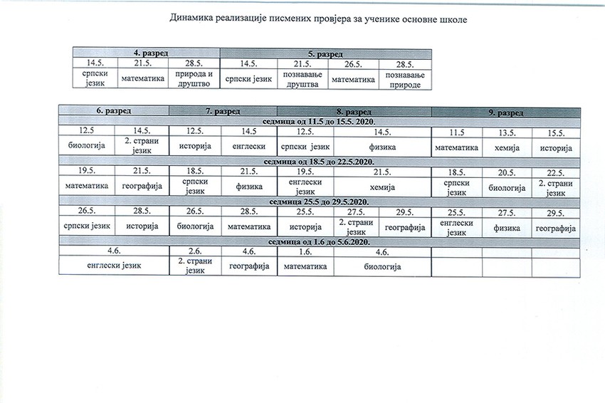 Raspored za učenike. 