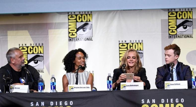Director Luc Besson, producer Virginie Besson-Silla, actors Cara Delevingne and Dane DeHaan attend the Valerian And The City Of A Thousand Planets panel during Comic-Con July 21, 2016