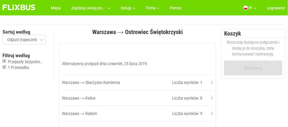 Po wpisaniu w wyszukiwarkę połączeń trasy Warszawa-Ostrowiec, system na stronie FlixBusa pokazuje listę możliwych alternatywnych przejazdów 