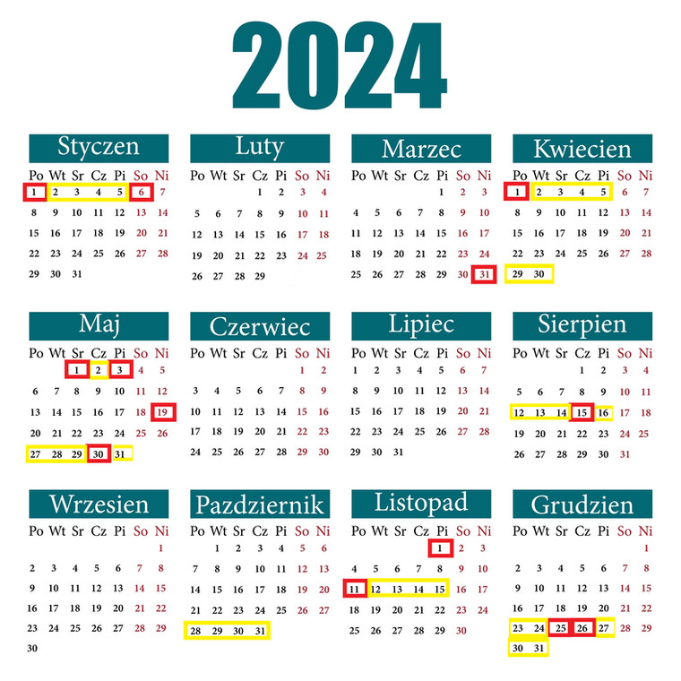 Kalendarz 2024 - długie weekendy, oprac. TJ, źródło Shutterstock
