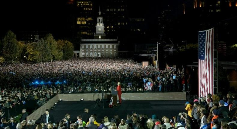 Democratic presidential nominee Hillary Clinton gives a speech during a rally at Independence Mall in Philadelphia, Pennsylvania