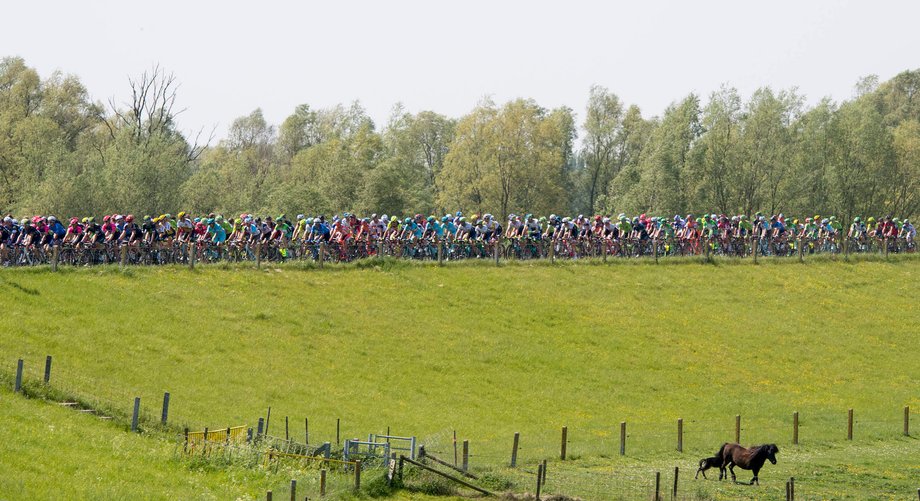 The peloton racing during the third stage, on the race's last day in the Netherlands before heading for Italian soil.