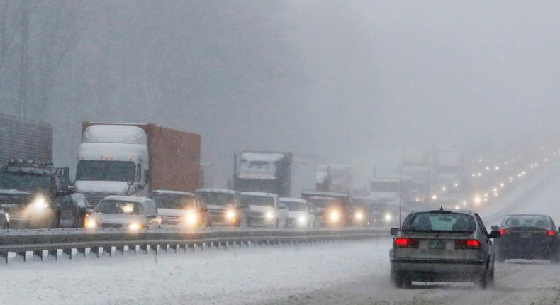 Northbound traffic on I-95 is at a standstill on December 30 following a tractor trailer that jack-knifed in a snowstorm.
