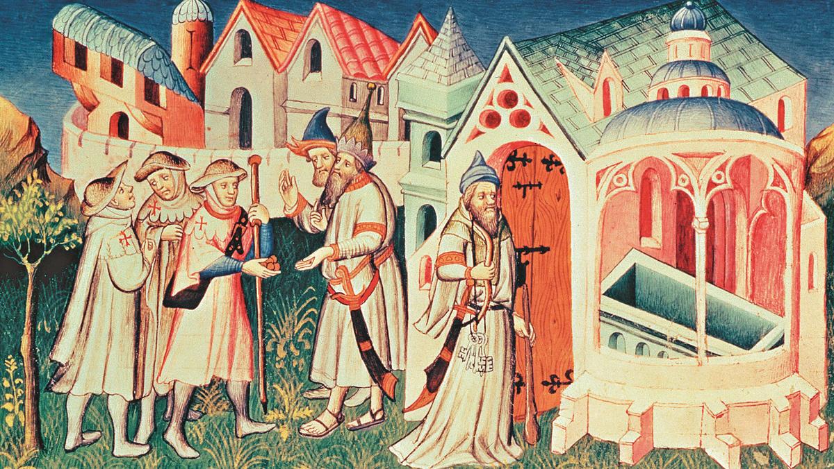 Ms Fr 2810 fol.274, Pilgrims in front of the Church of the Holy Sepulchre of Jerusalem, from 'Livre 