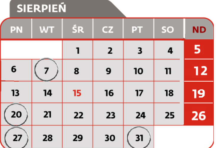 <strong>7 sierpnia</strong>

<br>Termin złożenia deklaracji CIT-7

<br>Termin przekazania przez płatnika, o którym mowa w art. 26 ust 1 CIT, pobranego zryczałtowanego podatku
<br>Termin przekazania przez płatnika podatku od należności wypłaconych osobom niemającym w RP miejsca zamieszkania/siedziby z tytułu art. 21 ust 1 i art. 22 ust 1 CIT
<br>Termin płatności podatku w formie karty podatkowej
<br>Termin wpłaty pobranego przez płatnika podatku PCC, SD
<br>Termin złożenia przez płatnika deklaracji: PCC-2, SD-2<br><br>

<strong>20 sierpnia</strong>
<br>Termin złożenia informacji CIT-ST
<br>Termin płatności zaliczki CIT
<br>Termin płatności zaliczki CIT w formie uproszczonej
<br>Termin płatności zaliczki PIT wg skali podatkowej
<br>Termin płatności zaliczki PIT podatek liniowy
<br>Termin płatności zaliczki PIT w formie uproszczonej
<br>Termin płatności zaliczki PIT przez podatników uzyskujących dochody bez pośrednictwa płatnika
<br>Termin płatności ryczałtu od przychodów ewidencjonowanych
<br>Termin wpłaty pobranych przez płatnika zaliczek PIT i zryczałtowanego podatku PIT od kwot wypłaconych<br><br>
<strong>27 sierpnia</strong>
<br>Termin złożenia informacji VAT-27
<br>Termin złożenia deklaracji VAT-7
<br>Termin złożenia deklaracji VAT-8 - przy wewnątrzwspólnotowym nabyciu powyżej 10000 Euro
<br>Termin złożenia deklaracji VAT-9M
<br>Termin złożenia deklaracji VAT-12 w zakresie usług taksówek osobowych opodatkowanych w formie ryczałtu
<br>Termin złożenia deklaracji VAT-13 - rozliczenie transakcji wewnątrzwspólnotowych dostaw towarów podatników, którego dokonuje przedstawiciel podatkowy w imieniu własnym i na rzecz podatników
<br>Termin płatności podatku VAT
<br>Termin złożenia deklaracji VAT-UE WYŁĄCZNIE drogą elektroniczną<br><br>
<strong>31 sierpnia</strong>
<br>Termin złożenia deklaracji VAT-11 - osoby fizyczne, osoby prawne lub jednostki organizacyjne niemające osobowości prawnej, niebędące podatnikami VAT i niemające obowiązku składania deklaracji VAT-7, VAT-7K lub VAT-7D, dokonujące WDT nowego środka transportu