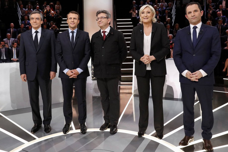 Candidates for France's 2017 presidential election pose before a debate organized by French private TV channel TF1 in Aubervilliers, outside Paris, France, March 20, 2017.