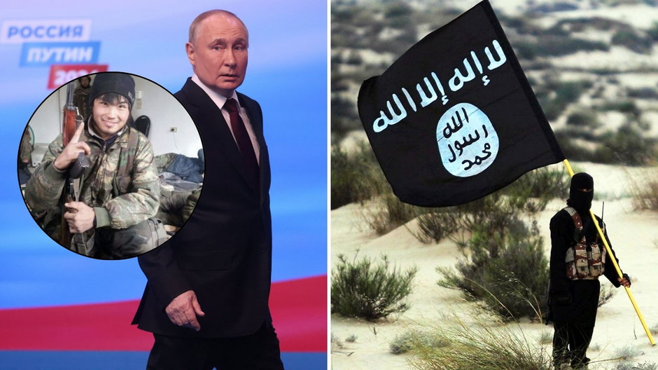 Po lewej:rosyjski prezydent Władimir Putin, po prawej: członek ISIS na pustyni w Iraku lub Syrii (w kółku: Baurzhan Kułtanow / archiwum prywatne / Meduza)