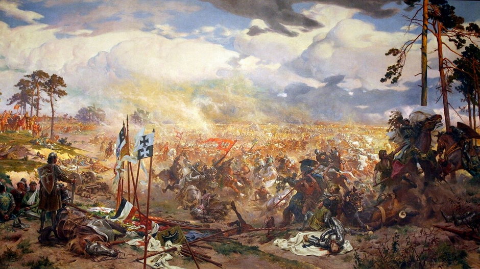 Bitwa pod Grunwaldem w wyobrażeniu Zygmunta Rozwadowskiego i Tadeusza Popiela.
