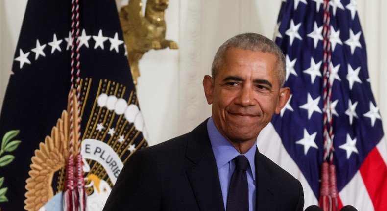 Former U.S. President Barack Obama delivers remarks at an event to tout the Affordable Care Act in the East Room at the White House in Washington, U.S., April 5, 2022.