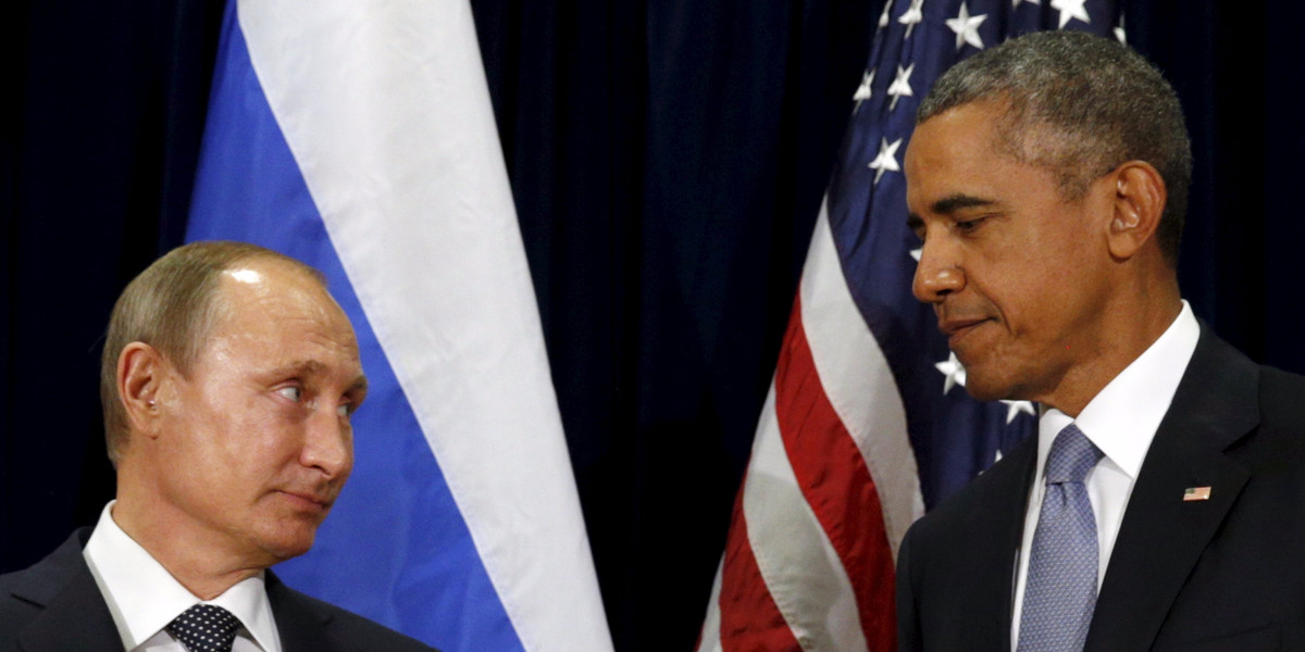 U.S. President Barack Obama and Russian President Vladimir Putin look towards one another during their meeting at the United Nations General Assembly in New York September 28, 2015.
