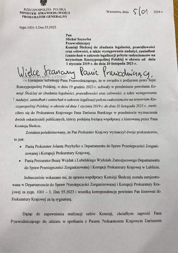 List ministra Adama Bodnara do przewodniczącego komisji śledczej Michała Szczerby.