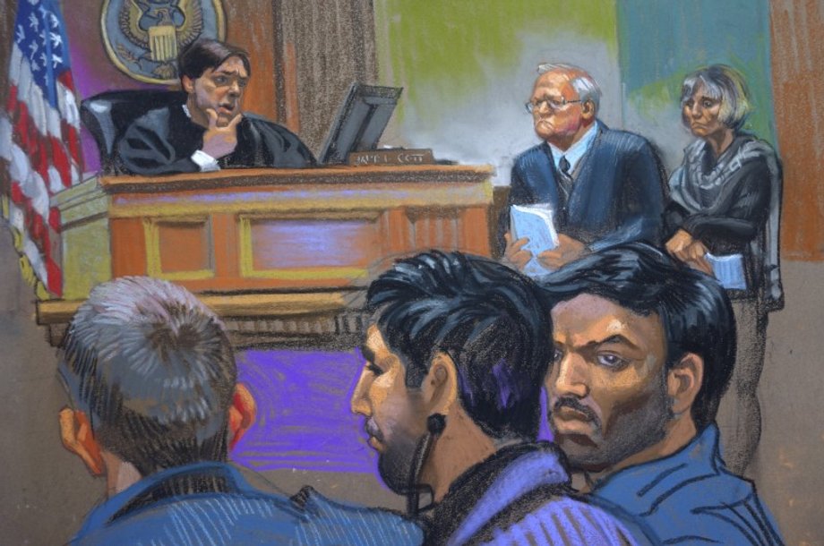 Judge James Cott, attorneys John J. Reilly, center, and Rebekah J. Poston, right, with defendants Efrain Antonio Campo Flores, right foreground, and Franqui Francisco Flores de Freitas, center foreground, during a hearing in US District Court in the Manhattan borough of New York in this courtroom sketch from November 12, 2015.