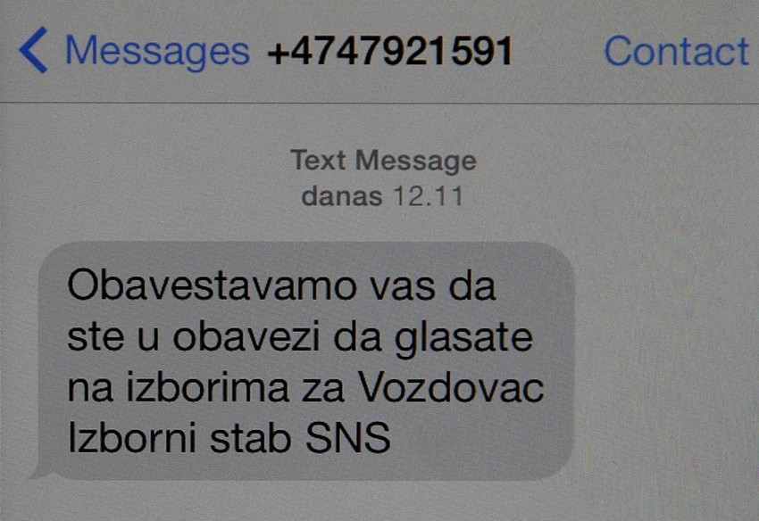 Poruka koju su na dan glasanja dobijali građani Voždovca