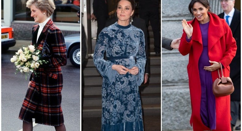 From left to right: Princess Diana, Kate Middleton, and Meghan Markle.Tim Graham Photo Library via Getty Images ; Pool/Samir Hussein/WireImage/Getty Images ; Mark Cuthbert/UK Press via Getty Images