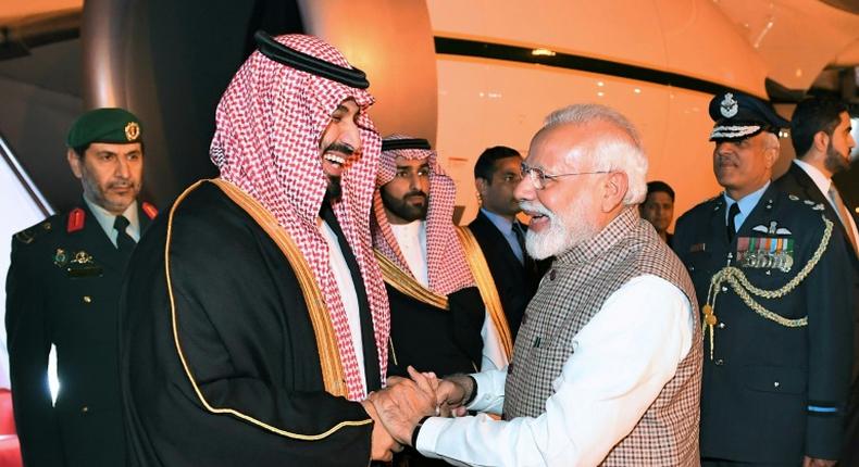 Indian Prime Minister Narendra Modi welcoming Saudi Crown Prince Mohammed bin Salman in New Delhi. The two countries have agreed to increase pressure on countries that fuel terrorism